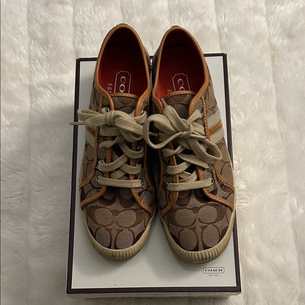 Coach Signature Brown and Tan Lace-Up Sneakers